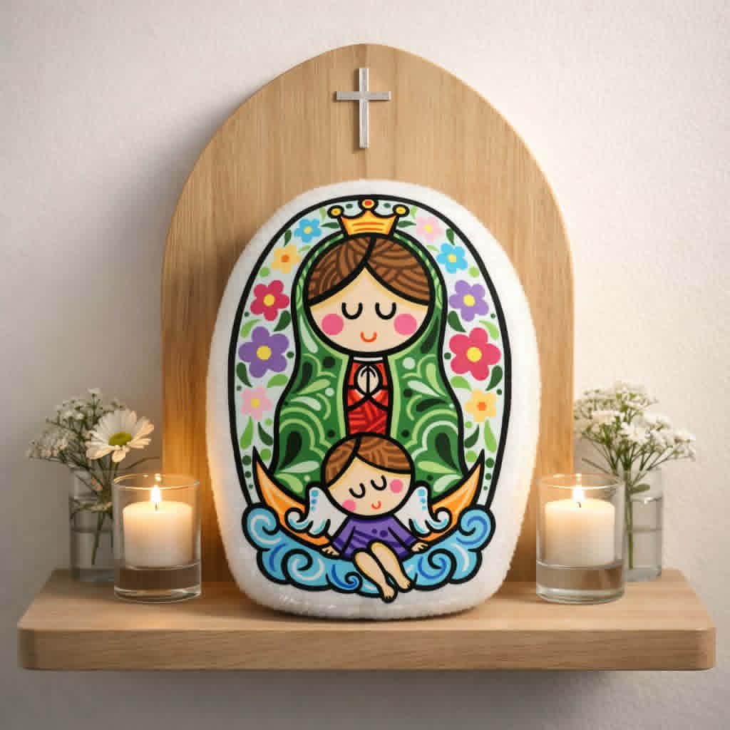 Cojin Virgen de Guadalupe Caricatura Artesanal.